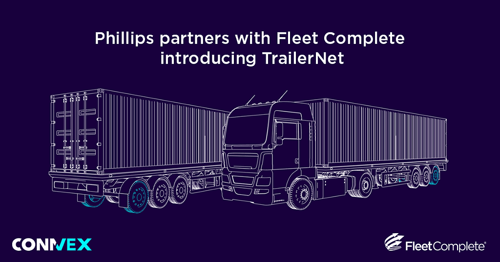 Phillips TrailerNet two trucks drawn with white lines and connvex and Fleet Complete logos